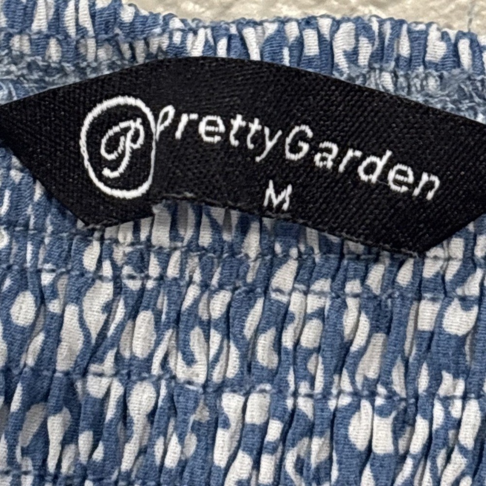 PrettyGarden Blue White Leopard Smocked Midi Dress Puff Sleeve Ruffle Hem Medium - Picture 4 of 7